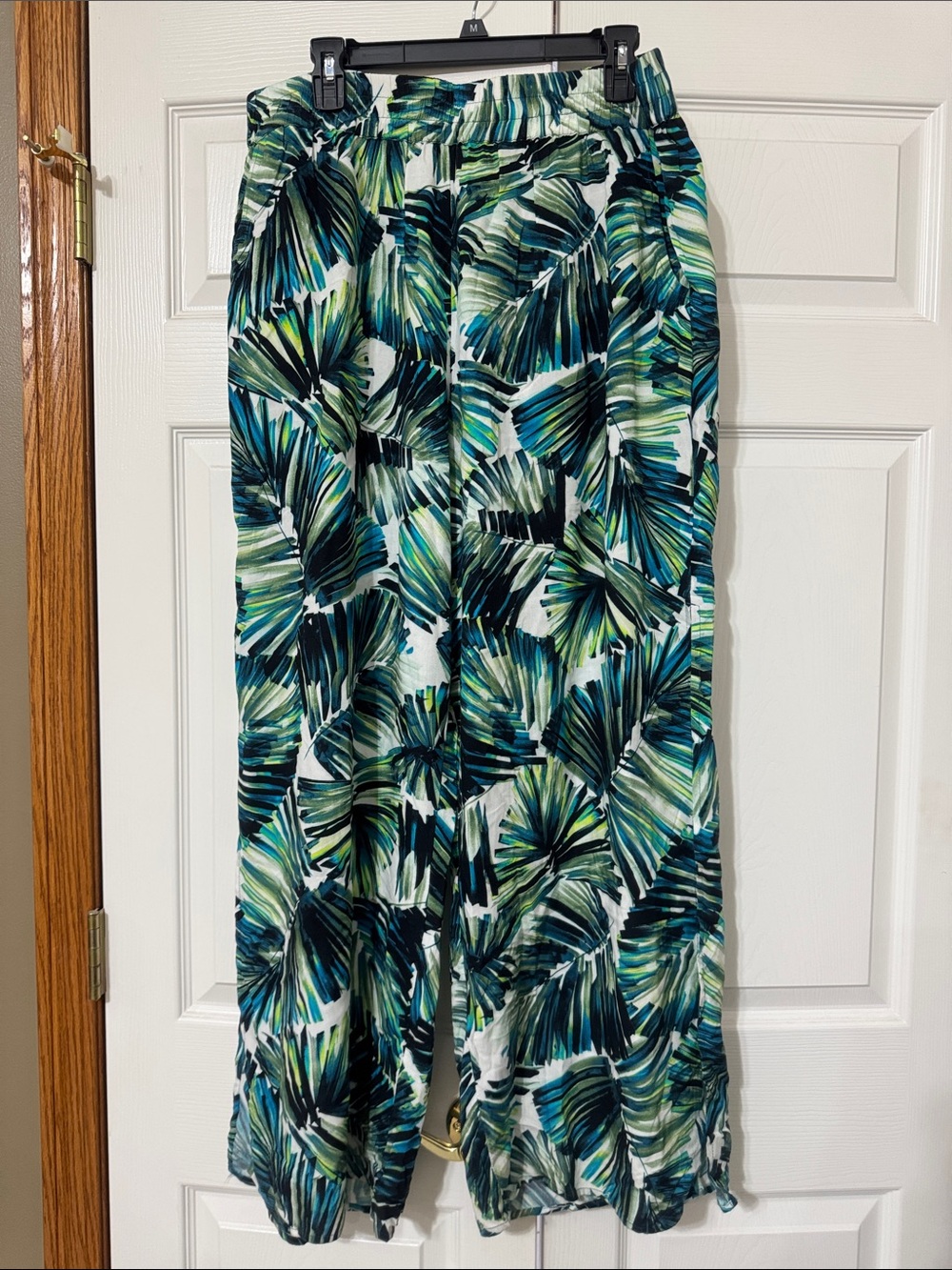 Mynah Tropical Leaf Print Wide Leg Pants/Swim Cover in Teal & Navy